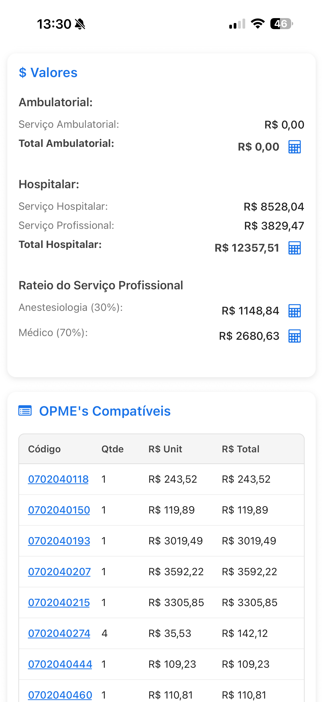 Tela de valores e OPME